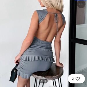 Commence backless, cap sleeve ruffle dress